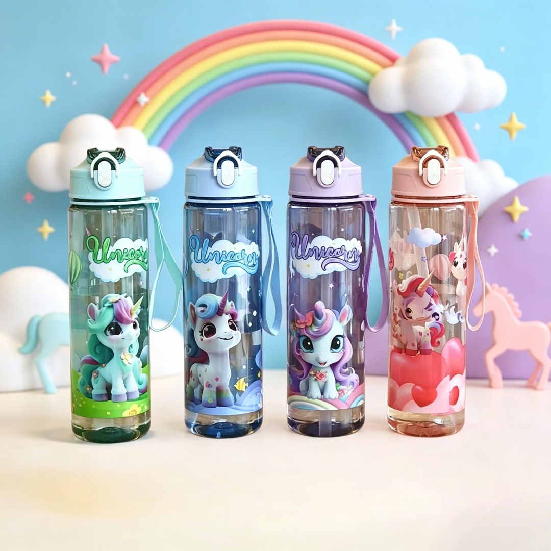 Aquatic Gym - Transparente Cartoon-Einhorn-Wasserflasche, Stilvolles Hochwertiges Design, Leichter